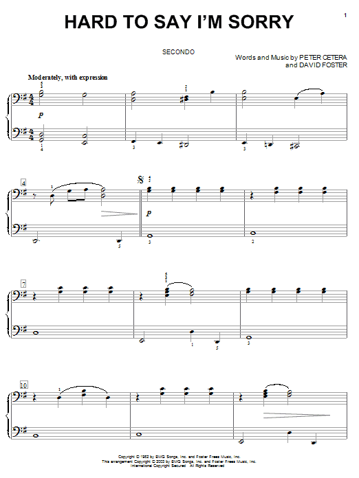 Preview Chicago Hard To Say I'm Sorry Rock sheet music, notes and chords for Piano Duet, SKU: 25681 sheet music, piano notes, chords, guitar tabs, score, transpose, transcribe, how to play, guide, download, learn, tutorial, progression, song, artist, awards, billboard, mtv, vh1, tour, single, album, release