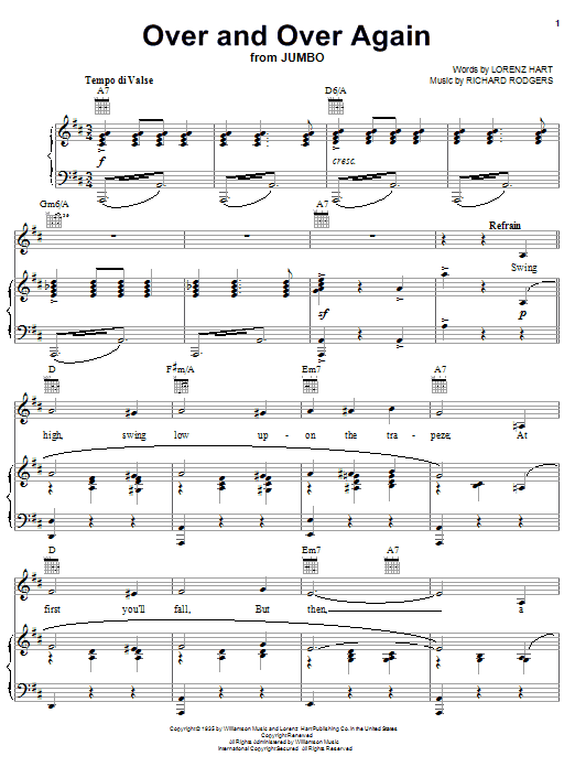 Preview Rodgers & Hart Over & Over Again Musicals sheet music, notes and chords for Piano, Vocal & Guitar (Right-Hand Melody), SKU: 25706 sheet music, piano notes, chords, guitar tabs, score, transpose, transcribe, how to play, guide, download, learn, tutorial, progression, song, artist, awards, billboard, mtv, vh1, tour, single, album, release