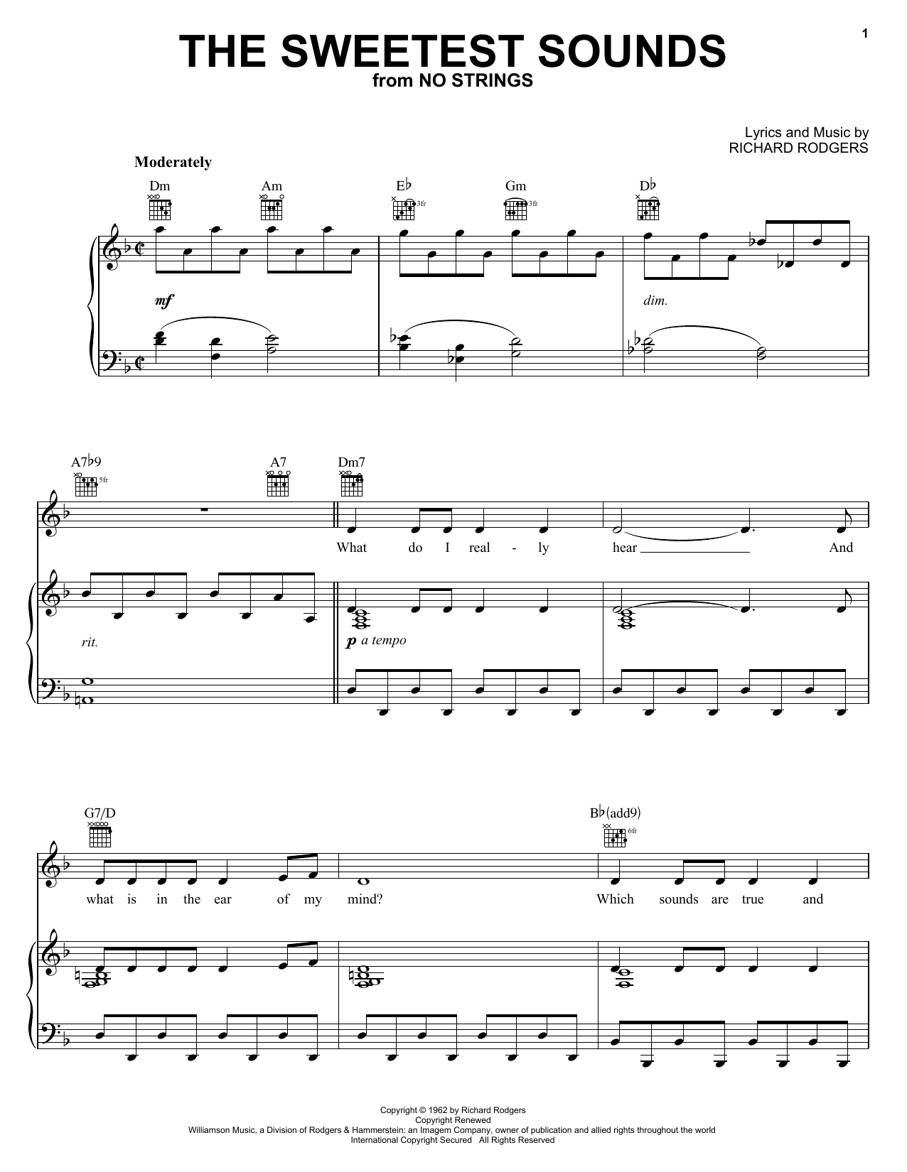 Preview Richard Rodgers The Sweetest Sounds Jazz sheet music, notes and chords for Piano, Vocal & Guitar (Right-Hand Melody), SKU: 25708 sheet music, piano notes, chords, guitar tabs, score, transpose, transcribe, how to play, guide, download, learn, tutorial, progression, song, artist, awards, billboard, mtv, vh1, tour, single, album, release