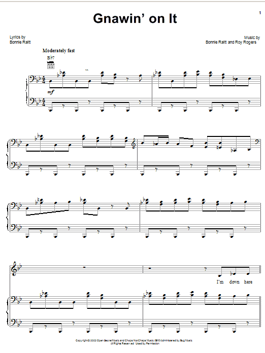 Preview Bonnie Raitt Gnawin' On It Pop sheet music, notes and chords for Piano, Vocal & Guitar (Right-Hand Melody), SKU: 25711 sheet music, piano notes, chords, guitar tabs, score, transpose, transcribe, how to play, guide, download, learn, tutorial, progression, song, artist, awards, billboard, mtv, vh1, tour, single, album, release