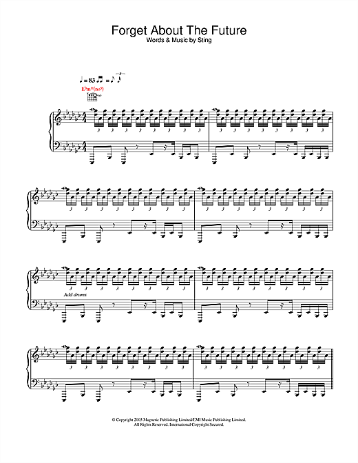 Preview Sting Forget About The Future Rock sheet music, notes and chords for Piano, Vocal & Guitar, SKU: 25760 sheet music, piano notes, chords, guitar tabs, score, transpose, transcribe, how to play, guide, download, learn, tutorial, progression, song, artist, awards, billboard, mtv, vh1, tour, single, album, release
