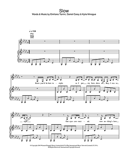 Preview Kylie Minogue Slow Pop sheet music, notes and chords for Piano, Vocal & Guitar, SKU: 25769 sheet music, piano notes, chords, guitar tabs, score, transpose, transcribe, how to play, guide, download, learn, tutorial, progression, song, artist, awards, billboard, mtv, vh1, tour, single, album, release