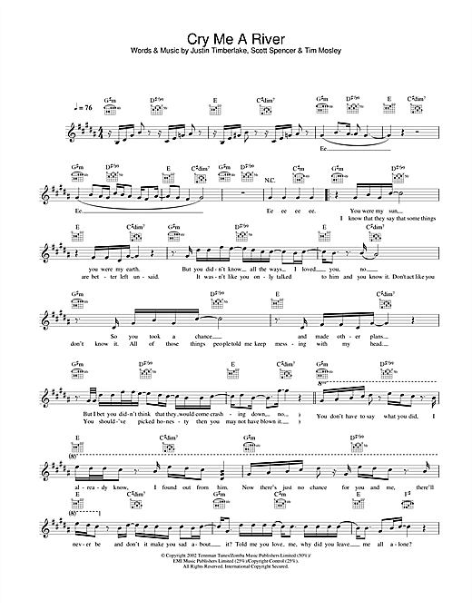 Preview Justin Timberlake Cry Me A River R & B sheet music, notes and chords for Melody Line, Lyrics & Chords, SKU: 25827 sheet music, piano notes, chords, guitar tabs, score, transpose, transcribe, how to play, guide, download, learn, tutorial, progression, song, artist, awards, billboard, mtv, vh1, tour, single, album, release