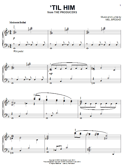 Preview Mel Brooks 'Til Him Broadway sheet music, notes and chords for Piano, SKU: 25849 sheet music, piano notes, chords, guitar tabs, score, transpose, transcribe, how to play, guide, download, learn, tutorial, progression, song, artist, awards, billboard, mtv, vh1, tour, single, album, release