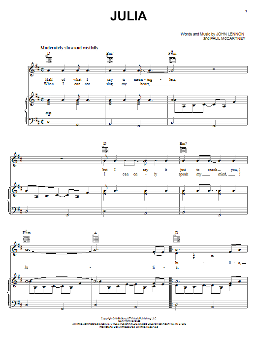 Preview The Beatles Julia Rock sheet music, notes and chords for Piano, Vocal & Guitar (Right-Hand Melody), SKU: 25856 sheet music, piano notes, chords, guitar tabs, score, transpose, transcribe, how to play, guide, download, learn, tutorial, progression, song, artist, awards, billboard, mtv, vh1, tour, single, album, release