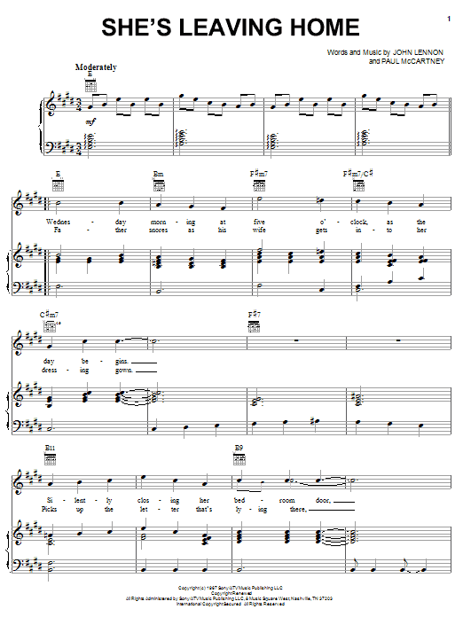 Preview The Beatles She's Leaving Home Rock sheet music, notes and chords for Piano, Vocal & Guitar (Right-Hand Melody), SKU: 25866 sheet music, piano notes, chords, guitar tabs, score, transpose, transcribe, how to play, guide, download, learn, tutorial, progression, song, artist, awards, billboard, mtv, vh1, tour, single, album, release