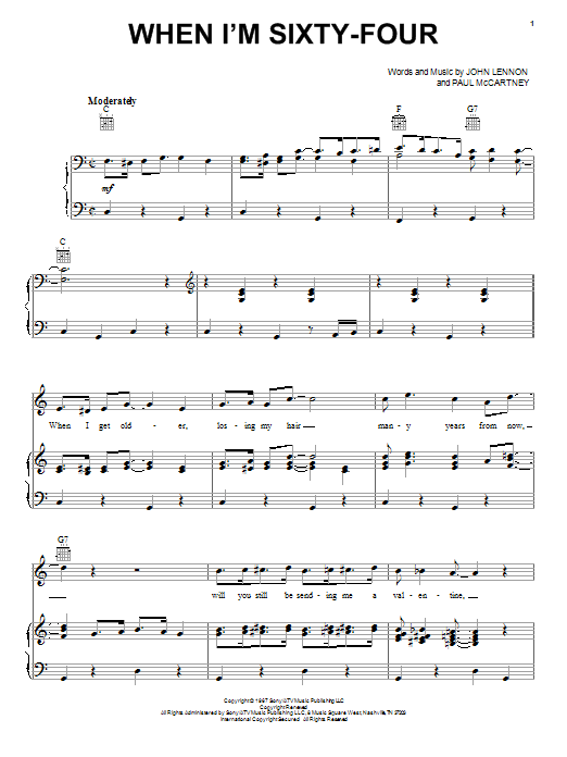 Preview The Beatles When I'm Sixty-Four Pop sheet music, notes and chords for Piano, Vocal & Guitar (Right-Hand Melody), SKU: 25869 sheet music, piano notes, chords, guitar tabs, score, transpose, transcribe, how to play, guide, download, learn, tutorial, progression, song, artist, awards, billboard, mtv, vh1, tour, single, album, release