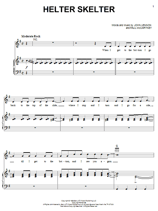 Preview The Beatles Helter Skelter Rock sheet music, notes and chords for Piano, Vocal & Guitar (Right-Hand Melody), SKU: 25877 sheet music, piano notes, chords, guitar tabs, score, transpose, transcribe, how to play, guide, download, learn, tutorial, progression, song, artist, awards, billboard, mtv, vh1, tour, single, album, release
