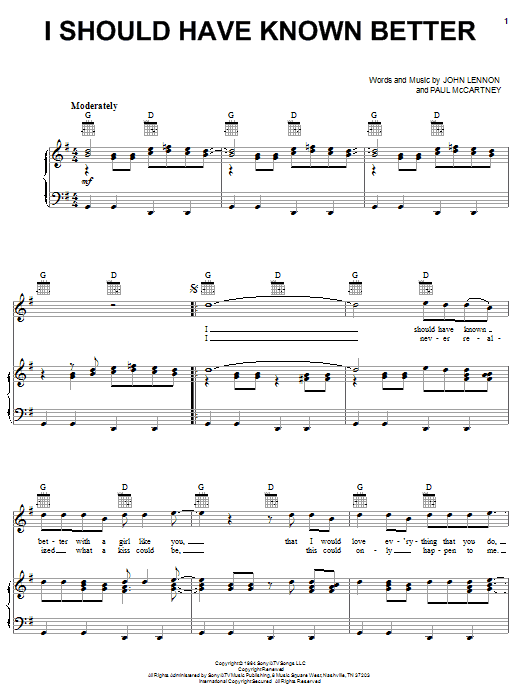 Preview The Beatles I Should Have Known Better Rock sheet music, notes and chords for Piano, Vocal & Guitar (Right-Hand Melody), SKU: 25879 sheet music, piano notes, chords, guitar tabs, score, transpose, transcribe, how to play, guide, download, learn, tutorial, progression, song, artist, awards, billboard, mtv, vh1, tour, single, album, release