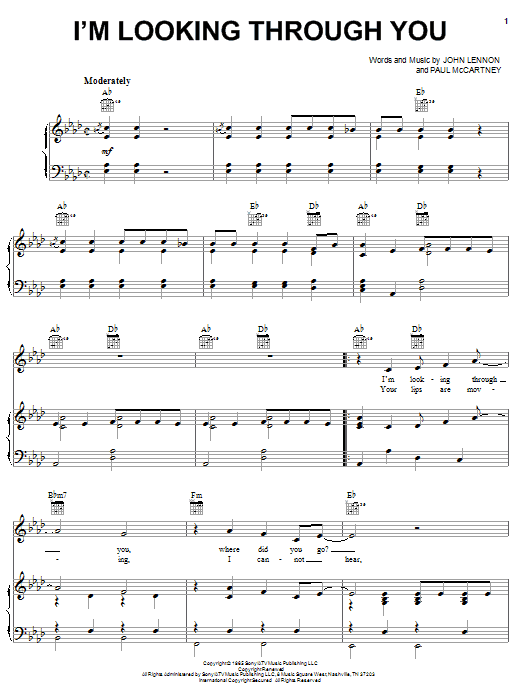 Preview The Beatles I'm Looking Through You Rock sheet music, notes and chords for Piano, Vocal & Guitar (Right-Hand Melody), SKU: 25883 sheet music, piano notes, chords, guitar tabs, score, transpose, transcribe, how to play, guide, download, learn, tutorial, progression, song, artist, awards, billboard, mtv, vh1, tour, single, album, release