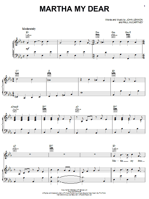 Preview The Beatles Martha My Dear Rock sheet music, notes and chords for Piano, Vocal & Guitar (Right-Hand Melody), SKU: 25886 sheet music, piano notes, chords, guitar tabs, score, transpose, transcribe, how to play, guide, download, learn, tutorial, progression, song, artist, awards, billboard, mtv, vh1, tour, single, album, release