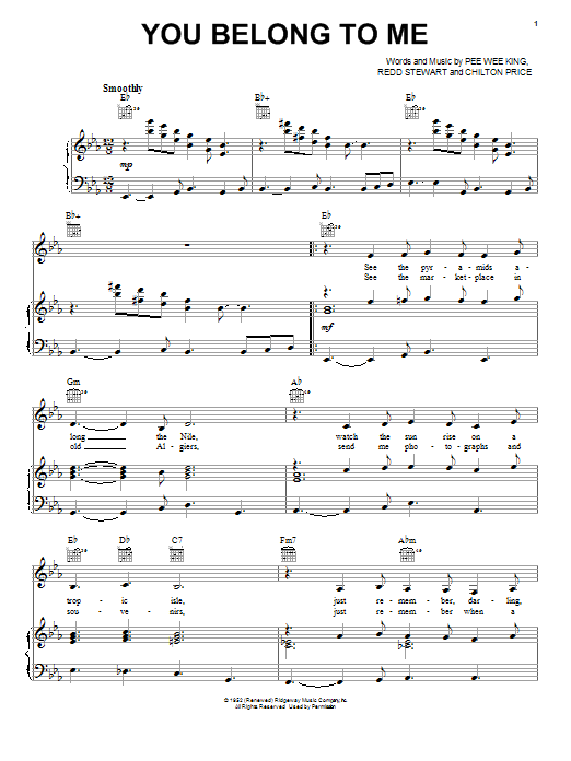 Preview Patsy Cline You Belong To Me Country sheet music, notes and chords for Piano, Vocal & Guitar (Right-Hand Melody), SKU: 25901 sheet music, piano notes, chords, guitar tabs, score, transpose, transcribe, how to play, guide, download, learn, tutorial, progression, song, artist, awards, billboard, mtv, vh1, tour, single, album, release
