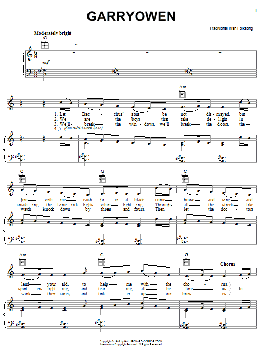 Preview Traditional Gary Owen World sheet music, notes and chords for Piano, Vocal & Guitar (Right-Hand Melody), SKU: 25911 sheet music, piano notes, chords, guitar tabs, score, transpose, transcribe, how to play, guide, download, learn, tutorial, progression, song, artist, awards, billboard, mtv, vh1, tour, single, album, release
