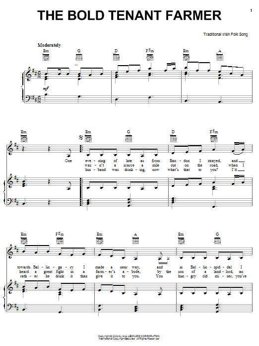 Preview Irish Folksong The Bold Tenant Farmer World sheet music, notes and chords for Piano, Vocal & Guitar (Right-Hand Melody), SKU: 25925 sheet music, piano notes, chords, guitar tabs, score, transpose, transcribe, how to play, guide, download, learn, tutorial, progression, song, artist, awards, billboard, mtv, vh1, tour, single, album, release