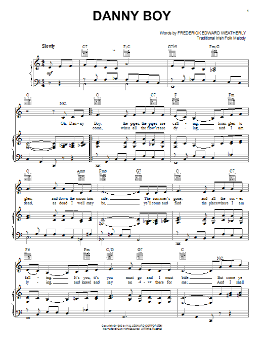 Preview Frederick Edward Weatherly Danny Boy World sheet music, notes and chords for Piano, Vocal & Guitar (Right-Hand Melody), SKU: 25941 sheet music, piano notes, chords, guitar tabs, score, transpose, transcribe, how to play, guide, download, learn, tutorial, progression, song, artist, awards, billboard, mtv, vh1, tour, single, album, release