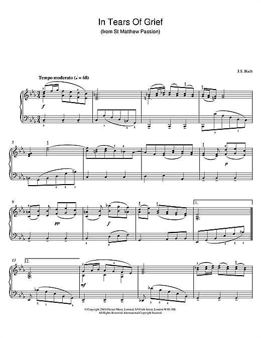 Preview J.S. Bach In Tears Of Grief (from St Matthew Passion) Pastoral sheet music, notes and chords for Piano, SKU: 25992 sheet music, piano notes, chords, guitar tabs, score, transpose, transcribe, how to play, guide, download, learn, tutorial, progression, song, artist, awards, billboard, mtv, vh1, tour, single, album, release