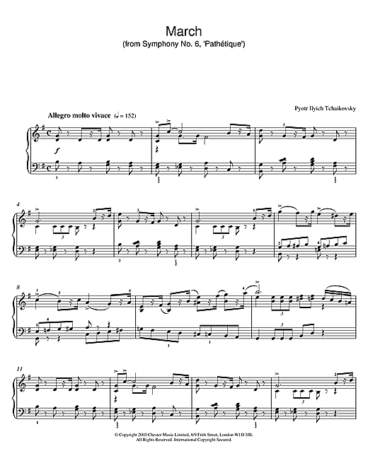 Preview Pyotr Il'yich Tchaikovsky March (from Symphony No. 6, 'Pathetique') Classical sheet music, notes and chords for Piano, SKU: 26038 March (from Symphony No. 6, 'Pathetique') sheet music