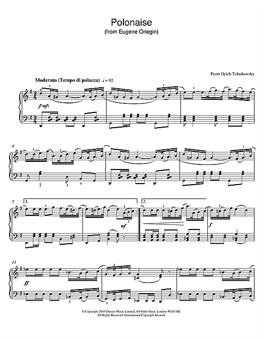 Preview Pyotr Il'yich Tchaikovsky Polonaise (from Eugene Onegin) Classical sheet music, notes and chords for Piano, SKU: 26043 Polonaise (from Eugene Onegin) sheet music