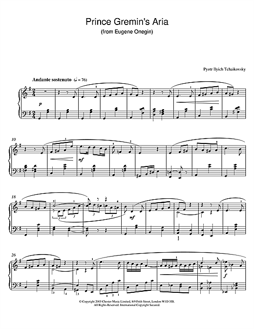 Preview Pyotr Il'yich Tchaikovsky Prince Gremin's Aria (from Eugene Onegin) Classical sheet music, notes and chords for Piano, SKU: 26044 Prince Gremin's Aria (from Eugene Onegin) sheet music