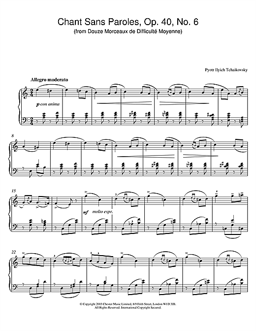 Preview Pyotr Il'yich Tchaikovsky Chant Sans Paroles, Op. 40, No. 6 (from Douze Morceaux de Difficult Moyenne) Classical sheet music, notes and chords for Piano, SKU: 26049 Chant Sans Paroles, Op. 40, No. 6 (from Douze Morceaux de Difficult Moyenne) sheet music