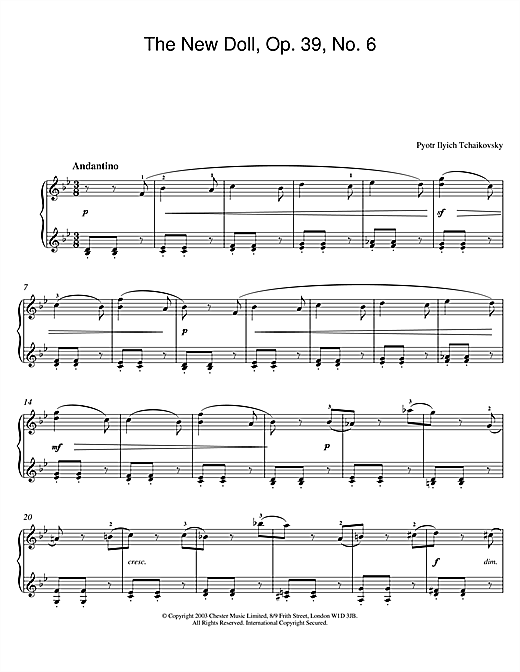 Preview Pyotr Il'yich Tchaikovsky The New Doll, Op. 39, No. 6 (from Album For The Young) Classical sheet music, notes and chords for Piano, SKU: 26056 The New Doll, Op. 39, No. 6 (from Album For The Young) sheet music