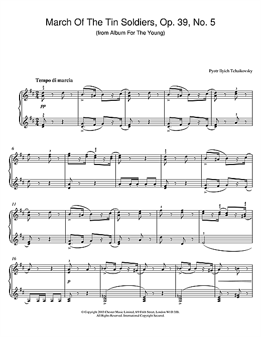 Preview Pyotr Il'yich Tchaikovsky March Of The Tin Soldiers, Op. 39, No. 5 (from Album For The Young) Classical sheet music, notes and chords for Piano, SKU: 26063 March Of The Tin Soldiers, Op. 39, No. 5 (from Album For The Young) sheet music