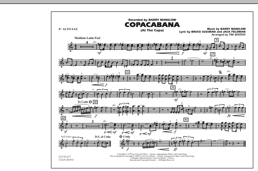 Preview Tim Waters Copacabana (At the Copa) - Eb Alto Sax Pop sheet music, notes and chords for Marching Band, SKU: 277674 sheet music, piano notes, chords, guitar tabs, score, transpose, transcribe, how to play, guide, download, learn, tutorial, progression, song, artist, awards, billboard, mtv, vh1, tour, single, album, release
