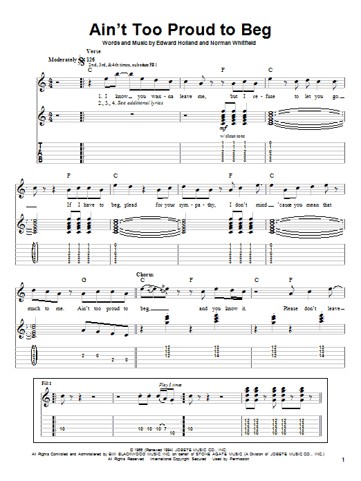 The Temptations Ain T Too Proud To Beg Sheet Music Notes Chords Download Rock Notes Guitar Tab Play Along Pdf Print 27781