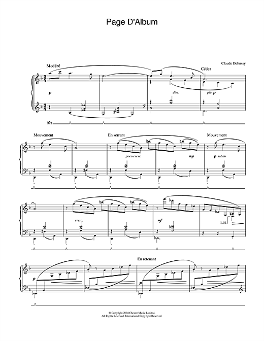 Preview Claude Debussy Page D'Album Classical sheet music, notes and chords for Piano, SKU: 28416 sheet music, piano notes, chords, guitar tabs, score, transpose, transcribe, how to play, guide, download, learn, tutorial, progression, song, artist, awards, billboard, mtv, vh1, tour, single, album, release