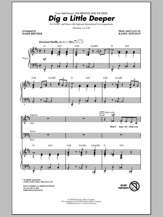 Preview Mark Brymer Dig A Little Deeper (from The Princess And The Frog) Disney sheet music, notes and chords for SATB, SKU: 287129 sheet music, piano notes, chords, guitar tabs, score, transpose, transcribe, how to play, guide, download, learn, tutorial, progression, song, artist, awards, billboard, mtv, vh1, tour, single, album, release