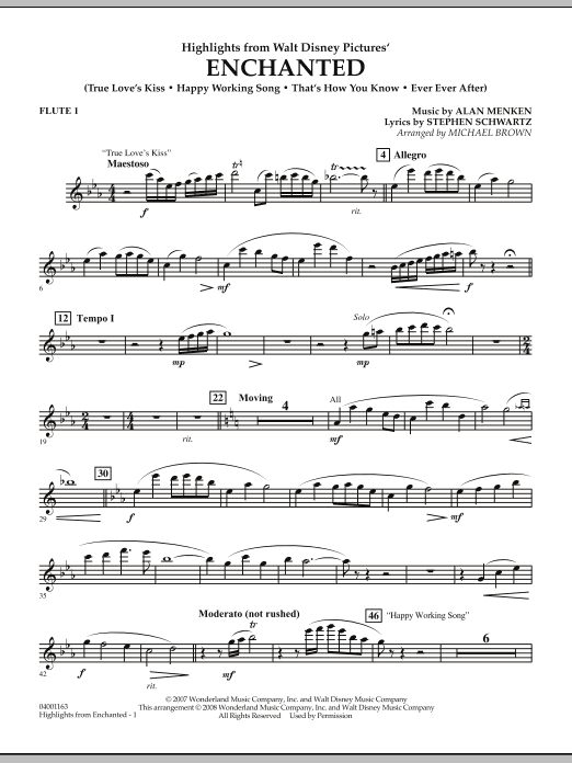 Preview Michael Brown Highlights from Enchanted - Flute 1 Disney sheet music, notes and chords for Concert Band, SKU: 287606 sheet music, piano notes, chords, guitar tabs, score, transpose, transcribe, how to play, guide, download, learn, tutorial, progression, song, artist, awards, billboard, mtv, vh1, tour, single, album, release