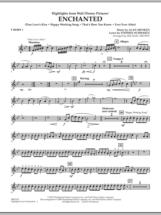 Preview Michael Brown Highlights from Enchanted - F Horn 1 Disney sheet music, notes and chords for Concert Band, SKU: 287682 sheet music, piano notes, chords, guitar tabs, score, transpose, transcribe, how to play, guide, download, learn, tutorial, progression, song, artist, awards, billboard, mtv, vh1, tour, single, album, release