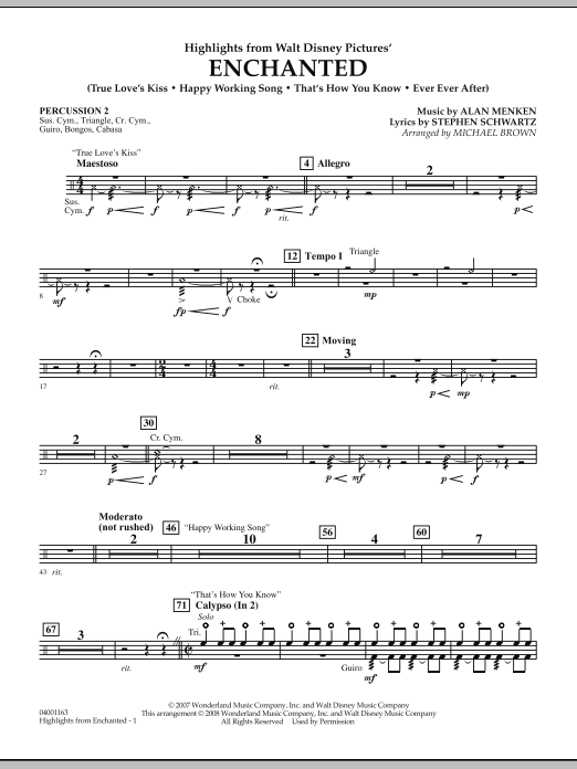 Preview Michael Brown Highlights from Enchanted - Percussion 2 Disney sheet music, notes and chords for Concert Band, SKU: 287691 sheet music, piano notes, chords, guitar tabs, score, transpose, transcribe, how to play, guide, download, learn, tutorial, progression, song, artist, awards, billboard, mtv, vh1, tour, single, album, release