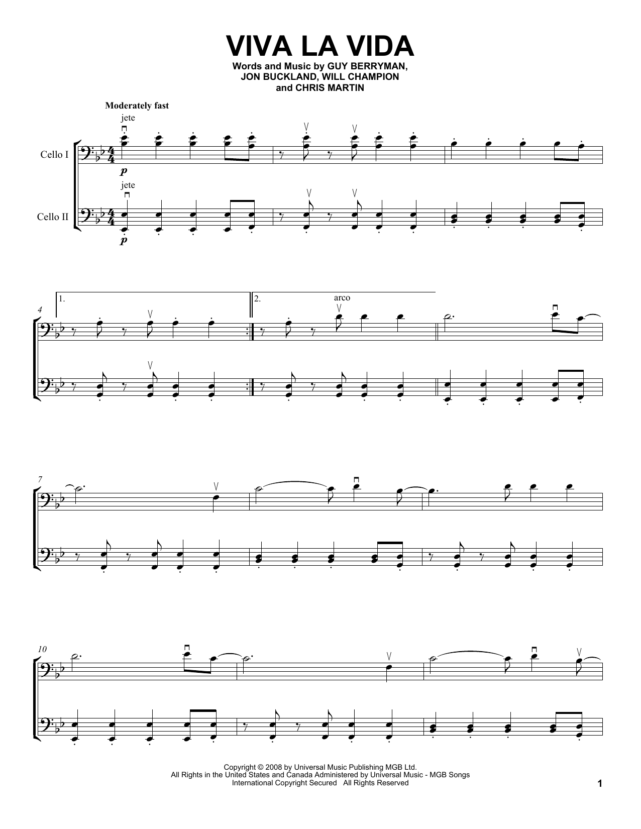 2Cellos Viva La Vida Sheet Music Notes & Chords for Cello Duet - Download or Print PDF