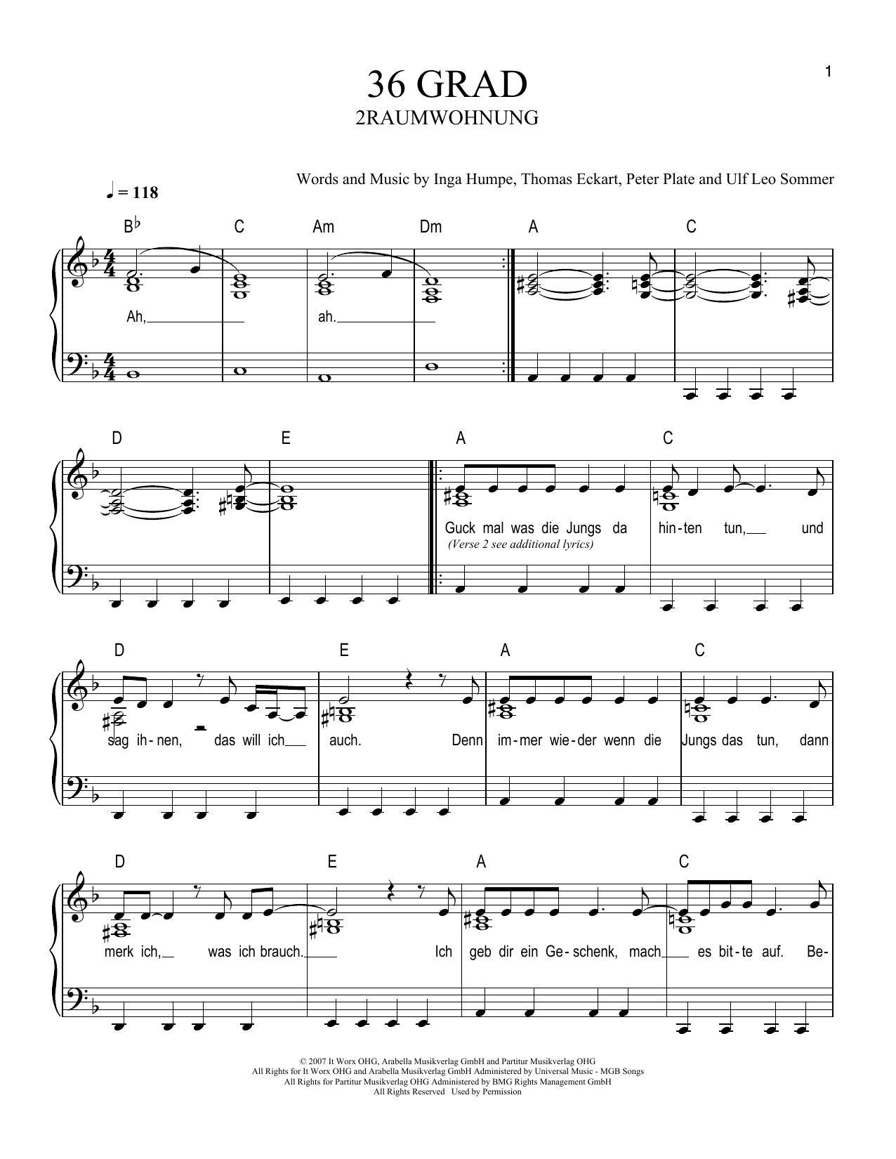 2raumwohnung 36Grad Sheet Music Notes & Chords for Easy Piano - Download or Print PDF