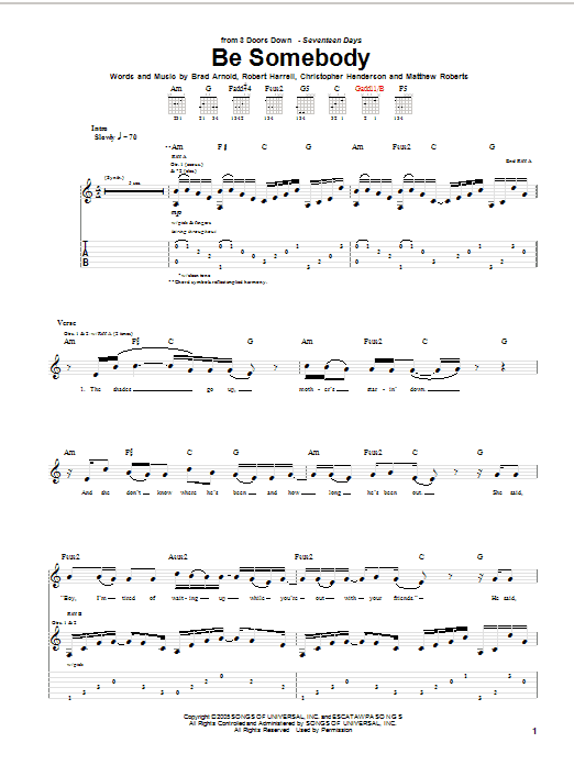 3 Doors Down Be Somebody Sheet Music Notes & Chords for Guitar Tab - Download or Print PDF