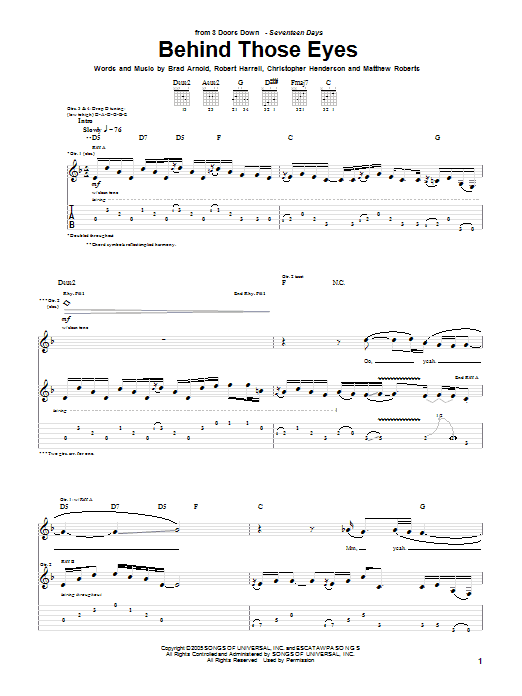 3 Doors Down Behind Those Eyes Sheet Music Notes & Chords for Piano, Vocal & Guitar (Right-Hand Melody) - Download or Print PDF