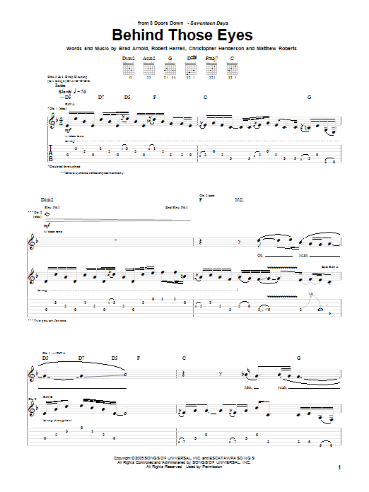 3 Doors Down Behind Those Eyes Sheet Music Notes & Chords for Guitar Tab - Download or Print PDF