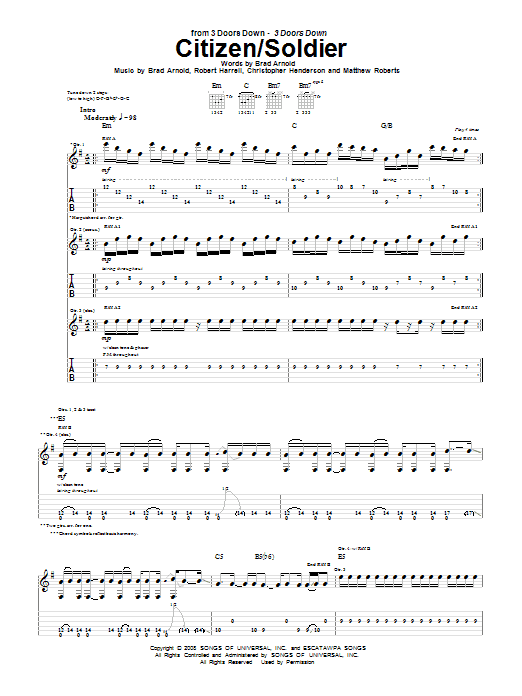 3 Doors Down Citizen/Soldier Sheet Music Notes & Chords for Piano, Vocal & Guitar (Right-Hand Melody) - Download or Print PDF