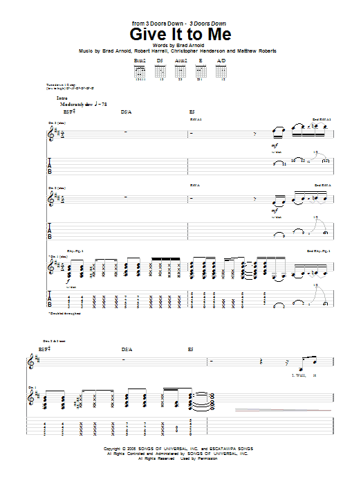 3 Doors Down Give It To Me Sheet Music Notes & Chords for Piano, Vocal & Guitar (Right-Hand Melody) - Download or Print PDF