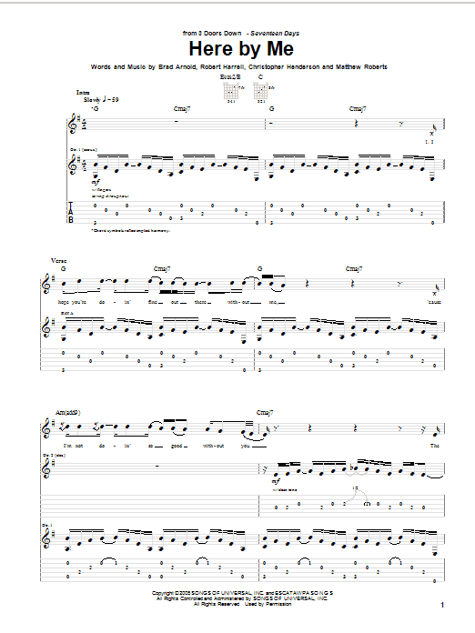3 Doors Down Here By Me Sheet Music Notes & Chords for Guitar Tab - Download or Print PDF