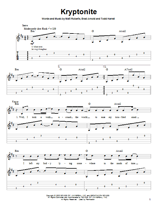 3 Doors Down Kryptonite Sheet Music Notes & Chords for Guitar Tab - Download or Print PDF