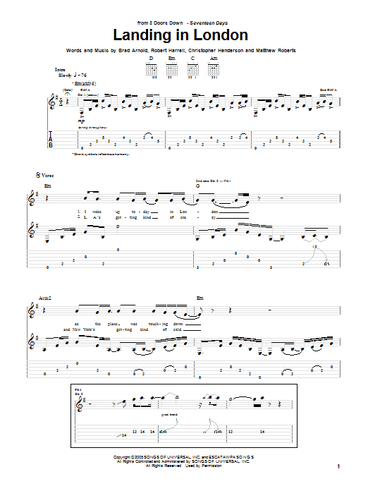 3 Doors Down Landing In London Sheet Music Notes & Chords for Piano, Vocal & Guitar (Right-Hand Melody) - Download or Print PDF