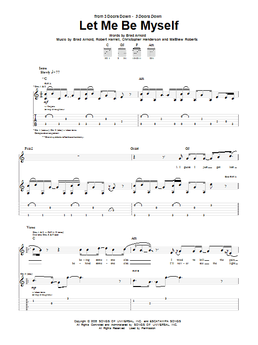 3 Doors Down Let Me Be Myself Sheet Music Notes & Chords for Piano, Vocal & Guitar (Right-Hand Melody) - Download or Print PDF