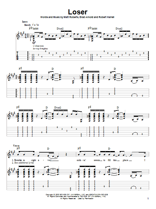 3 Doors Down Loser Sheet Music Notes & Chords for Guitar Tab Play-Along - Download or Print PDF
