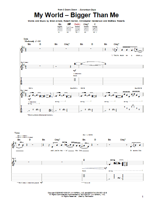 3 Doors Down My World - Bigger Than Me Sheet Music Notes & Chords for Piano, Vocal & Guitar (Right-Hand Melody) - Download or Print PDF