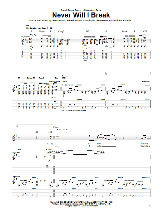 3 Doors Down Never Will I Break Sheet Music Notes & Chords for Guitar Tab - Download or Print PDF
