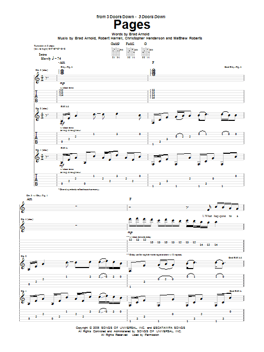 3 Doors Down Pages Sheet Music Notes & Chords for Piano, Vocal & Guitar (Right-Hand Melody) - Download or Print PDF