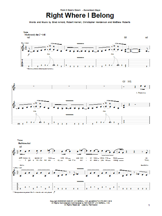 3 Doors Down Right Where I Belong Sheet Music Notes & Chords for Guitar Tab - Download or Print PDF