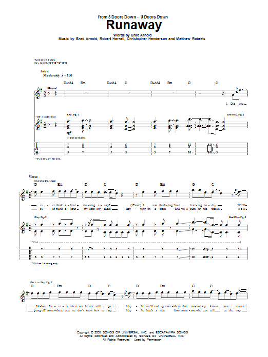 3 Doors Down Runaway Sheet Music Notes & Chords for Piano, Vocal & Guitar (Right-Hand Melody) - Download or Print PDF